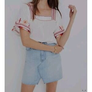 Madewell Denim Mini Skirt Light Wash Raw Hem High Waist Size 26 Distressed